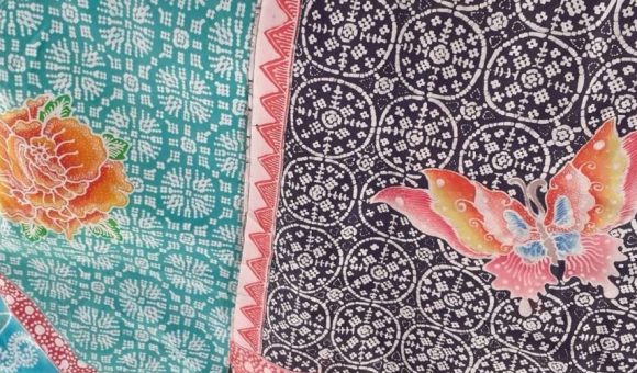 Batik Nitik Shawl by Fitri Hafifah with Butterfly and Rose with nitik background.
