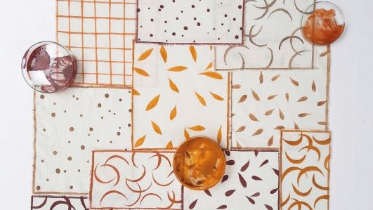 Earth pigments on cloth and paper from Jatiwangi, known for their tiles production.
