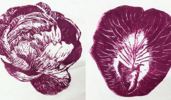 Leafthief flower patterns made from lino.